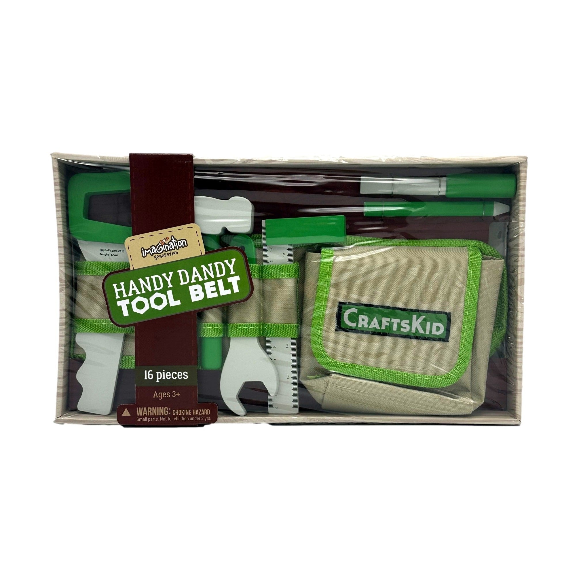 A toy tool belt set in a box, including toy tools and a CraftsKid tool bag.